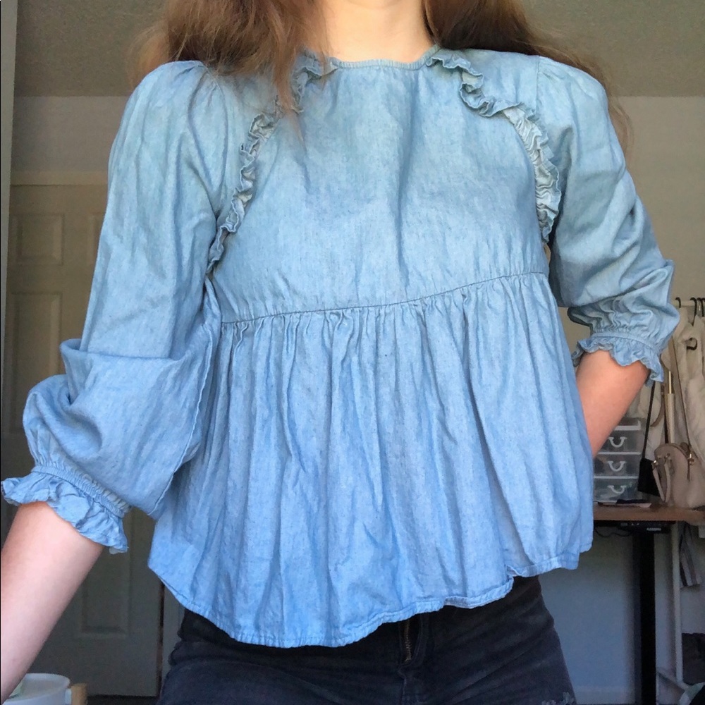 Altar'd State Denim Ruffle Top